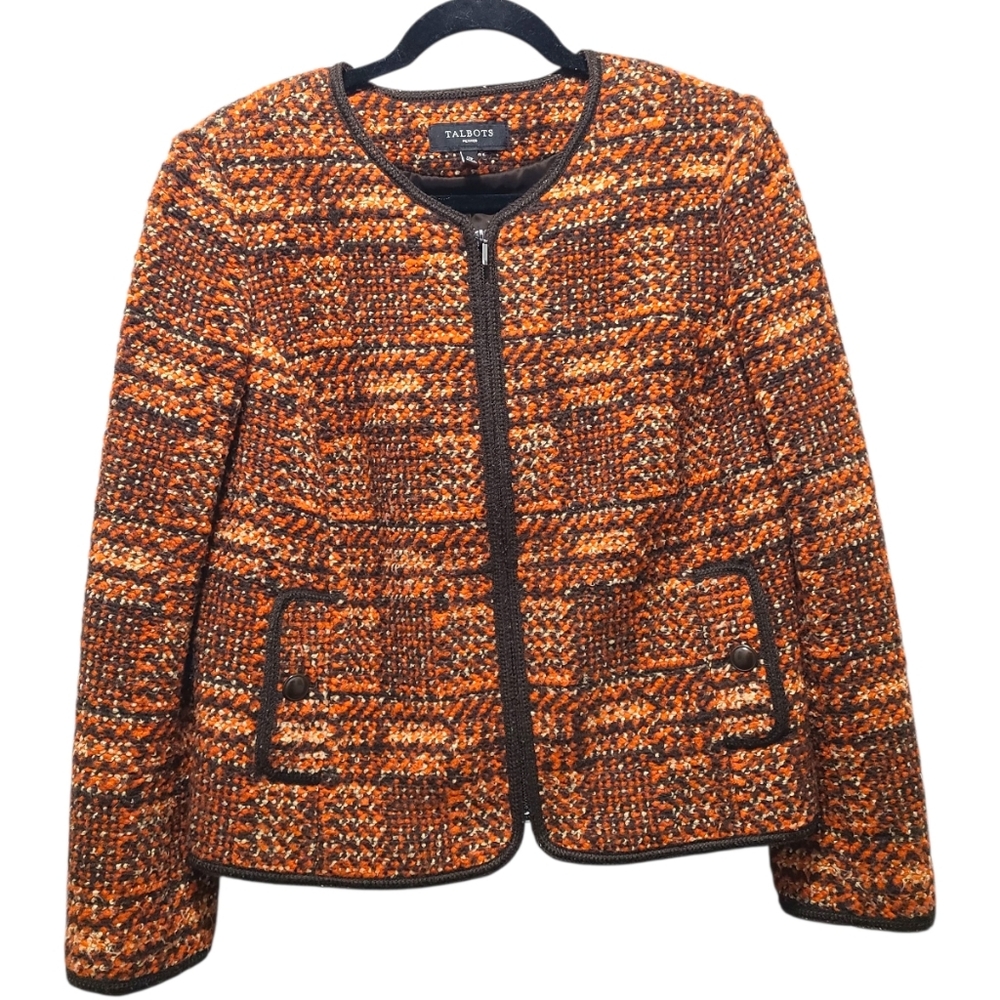 Talbots Tweed Orange Black Wool Blend Women's Jacket 12P‎ Career Preppy